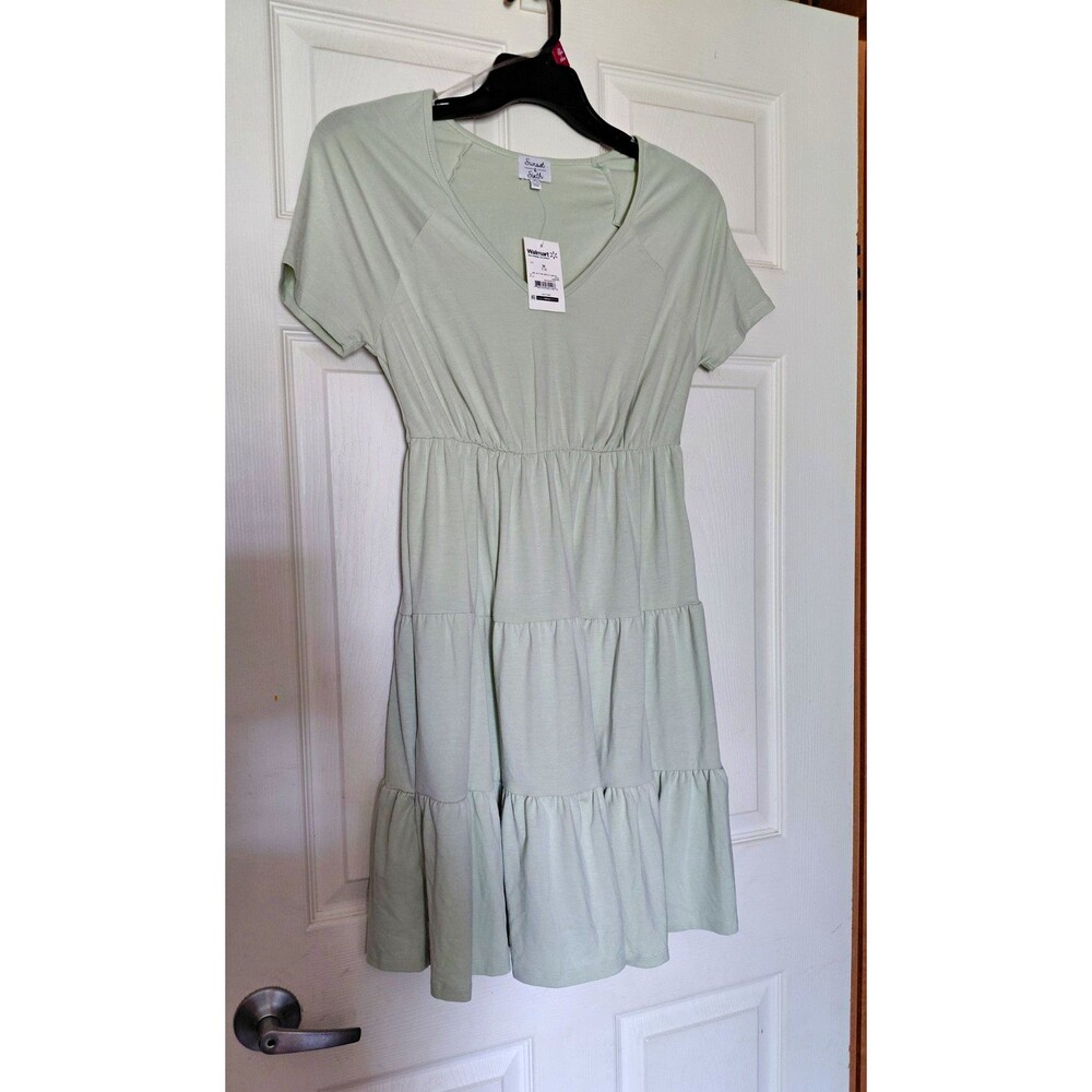 Sunset & Sixth Solid Sage V-Neck Tiered Ruffle Knit Knee Dress M